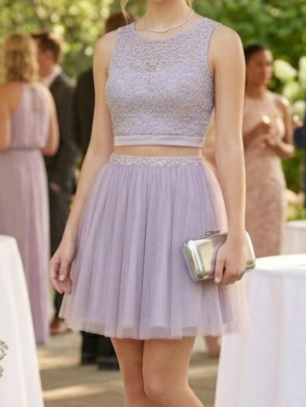 Sequin Hearts Pale Mauve Two-piece Formal Lace Top and Tulle Skirt Set